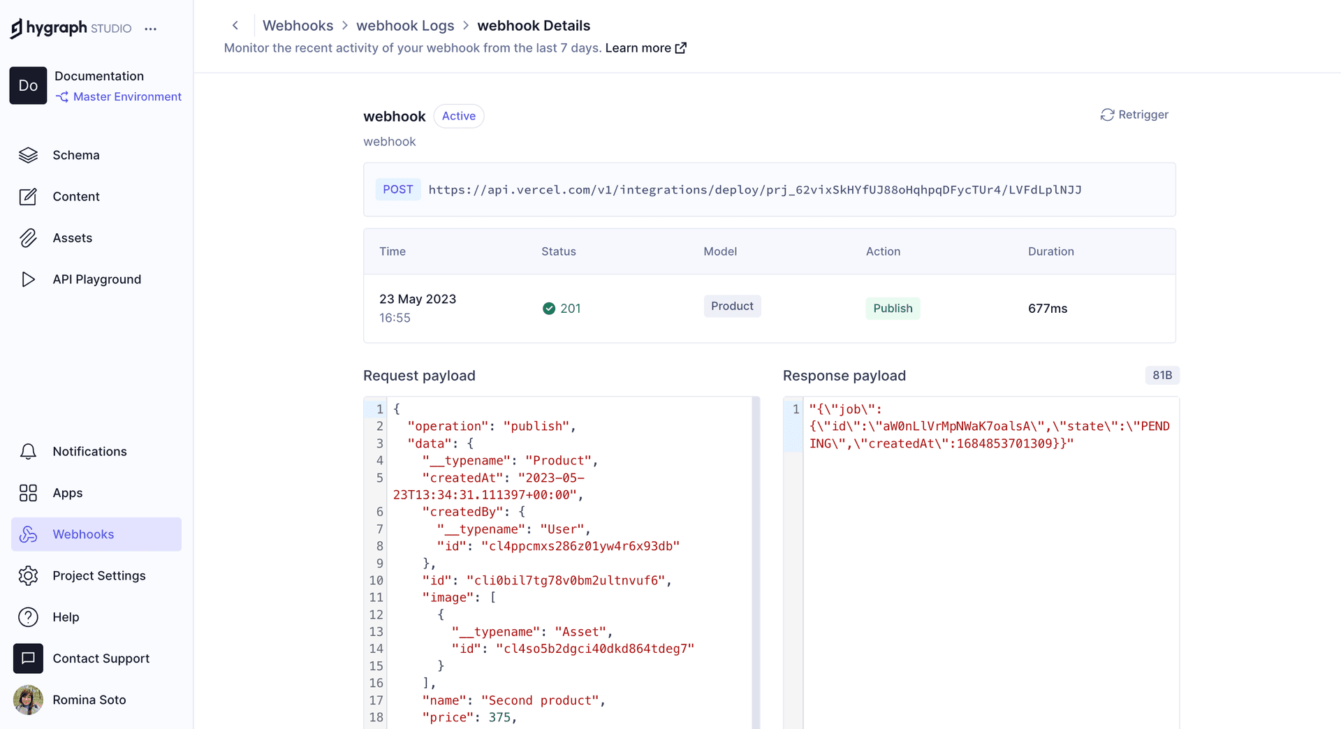 Hygraph webhook logs details