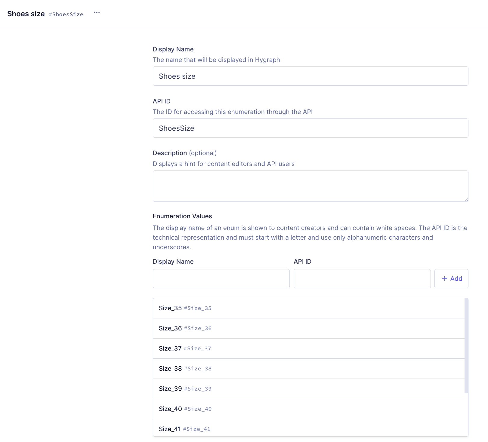 Shoes size enumeration