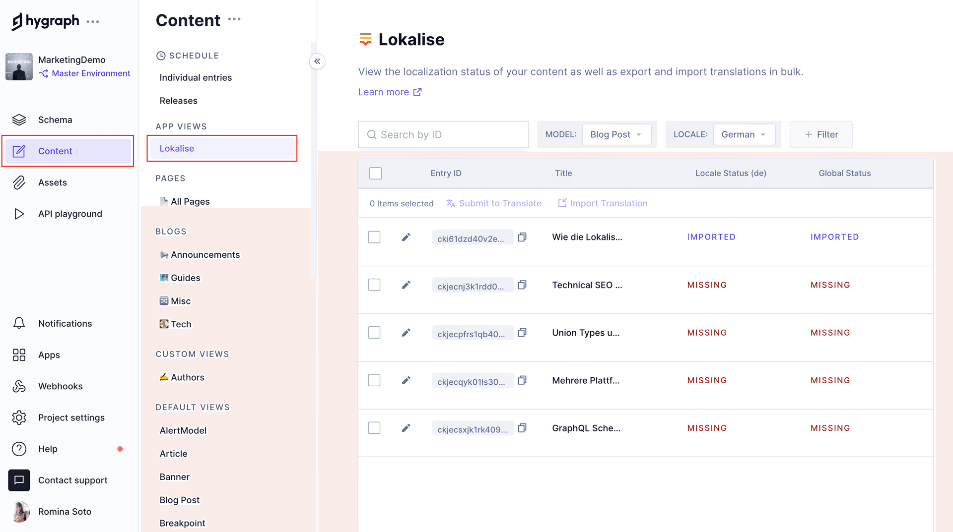 Lokalise secton in App view