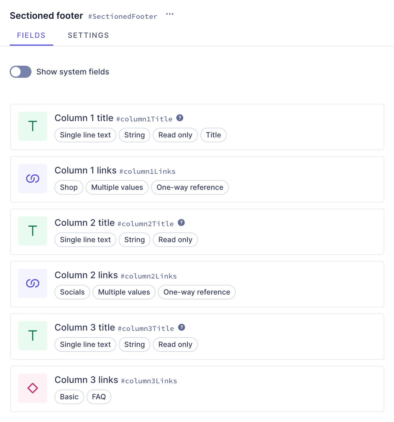 Footer component with fields