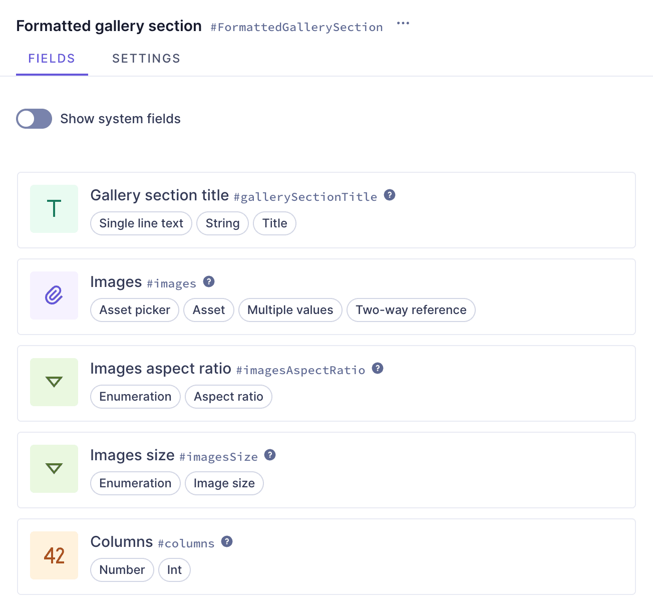 Formatted gallery section component with fields