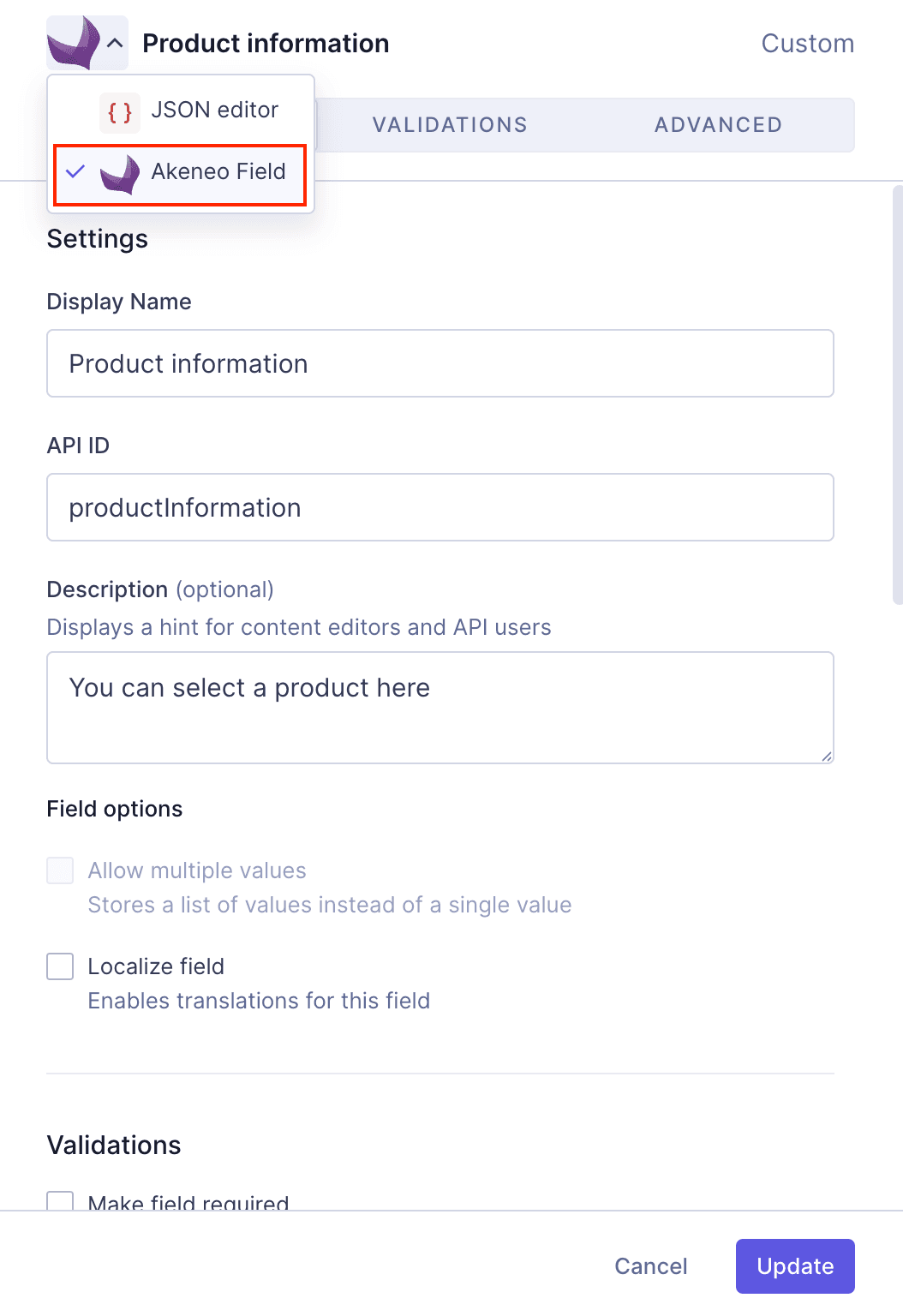 Link field to the Akeneo app