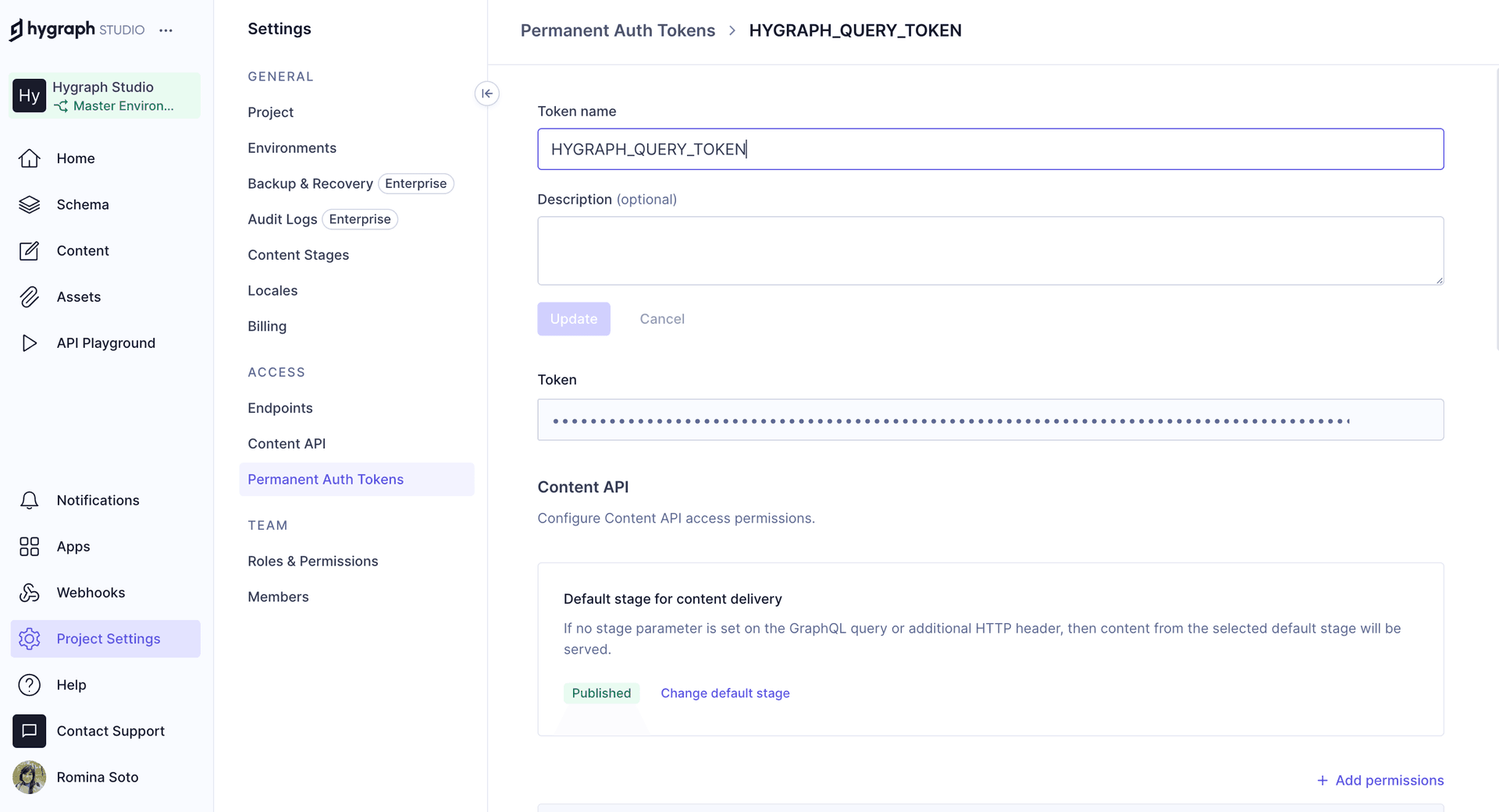 API Access - Token details screen