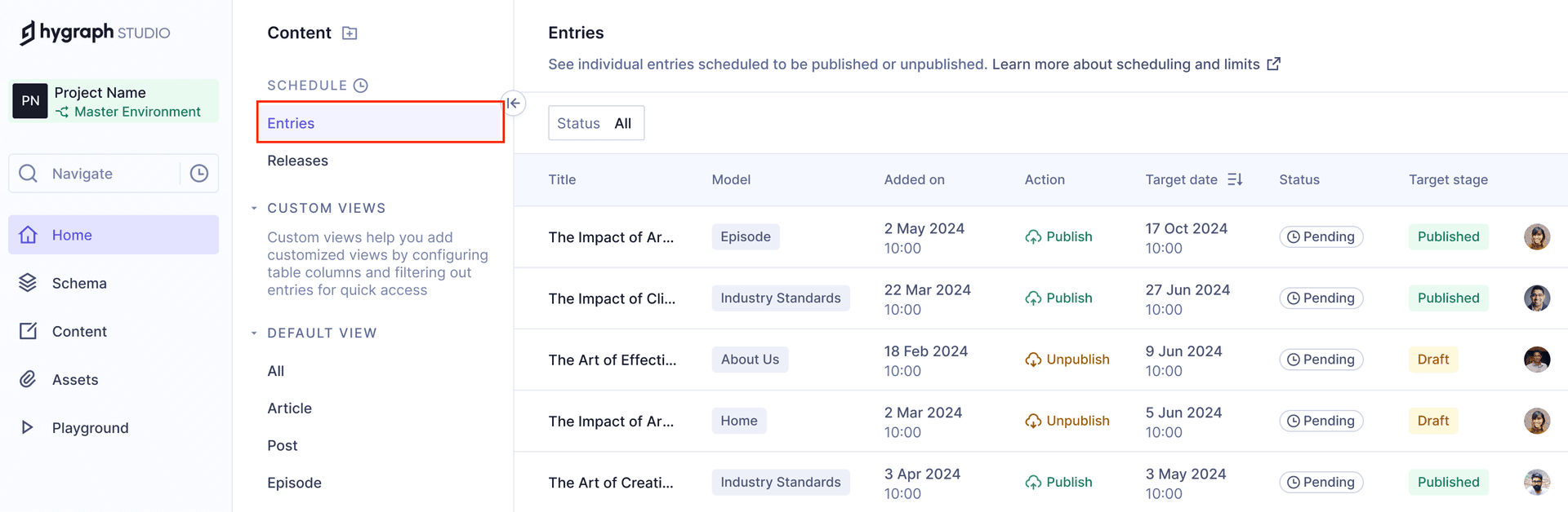 Scheduled entries table