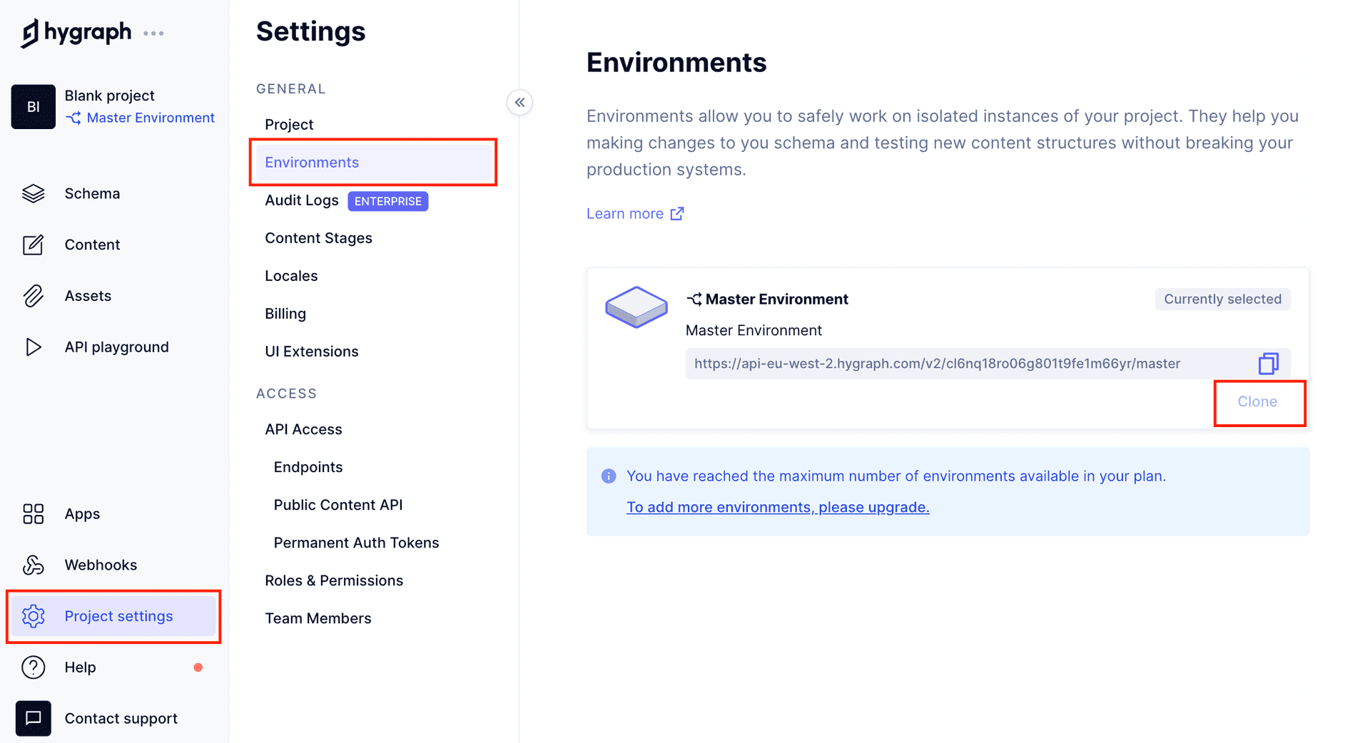 Clone master environment button in Environments screen